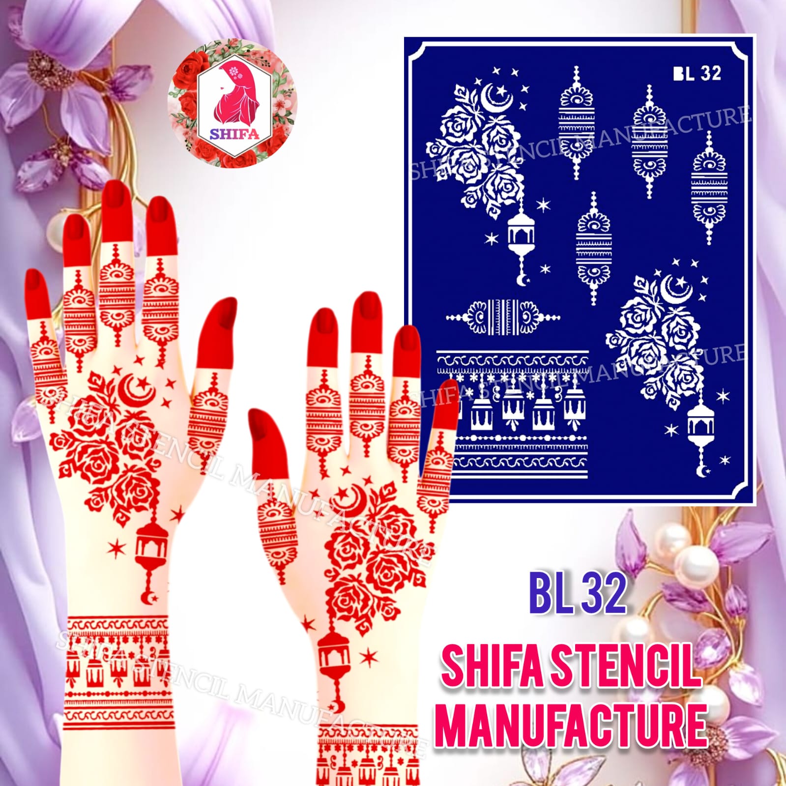 BL 32 Noor Crescent Bloom Sticker Overview Henna Stencil - Shifa Stencil